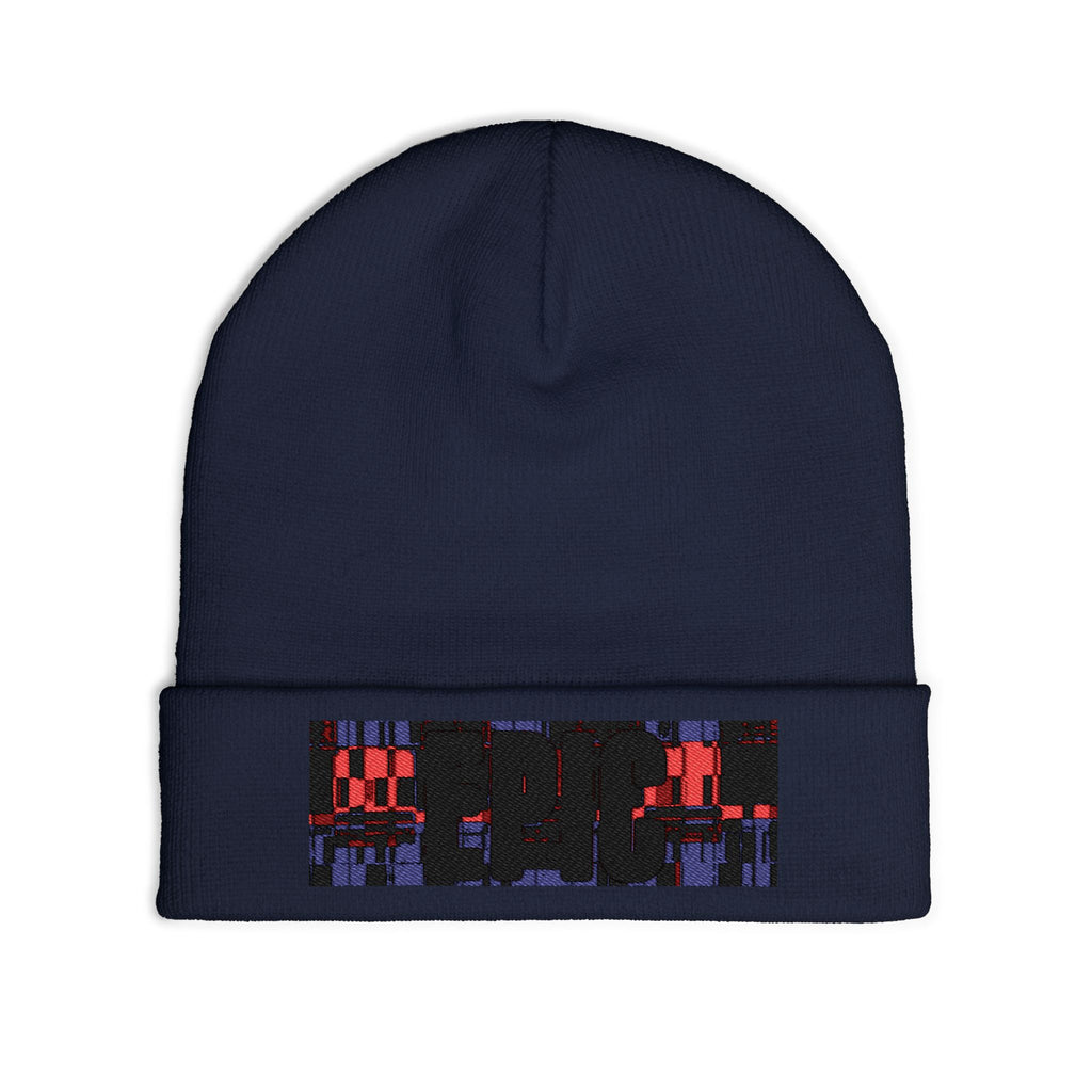 Embroidered Pixel City Knit Beanie — Urban Nightscape Winter Hat