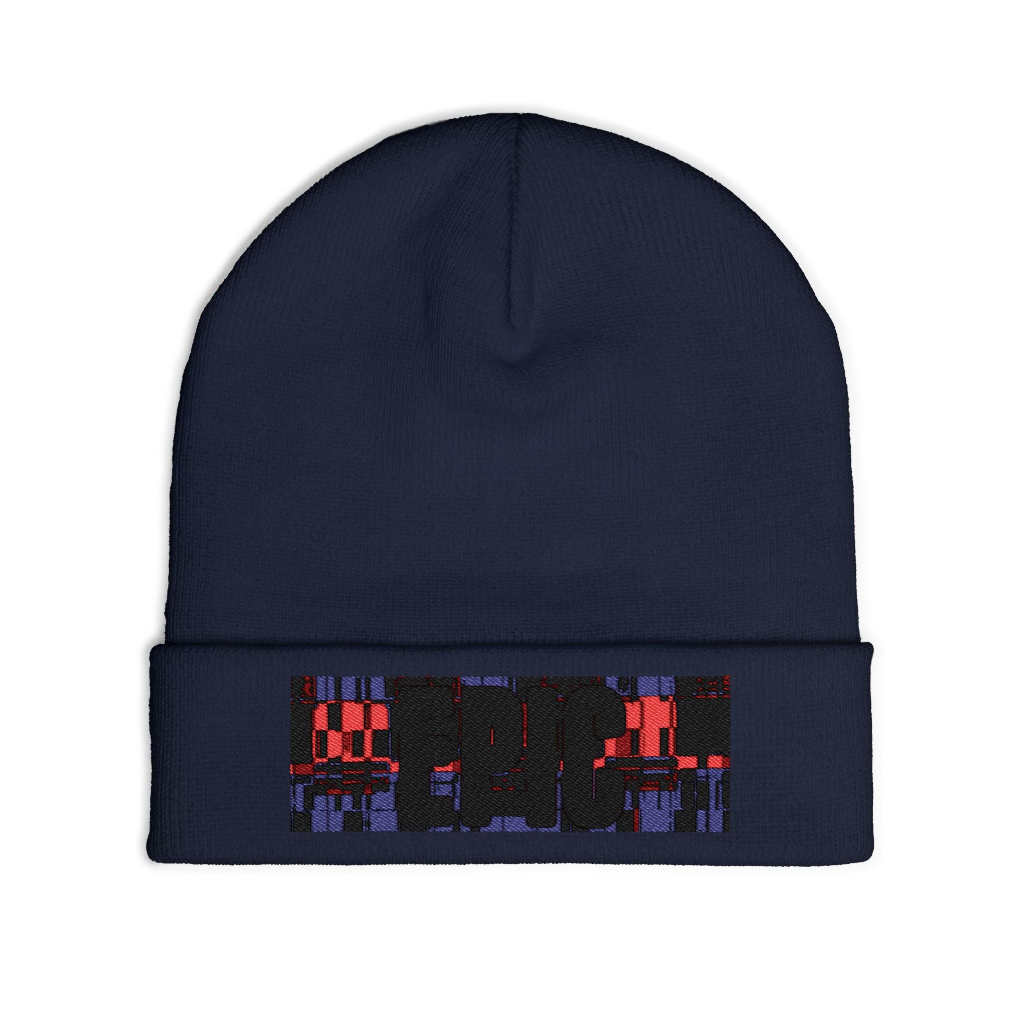 Embroidered Pixel City Knit Beanie — Urban Nightscape Winter Hat