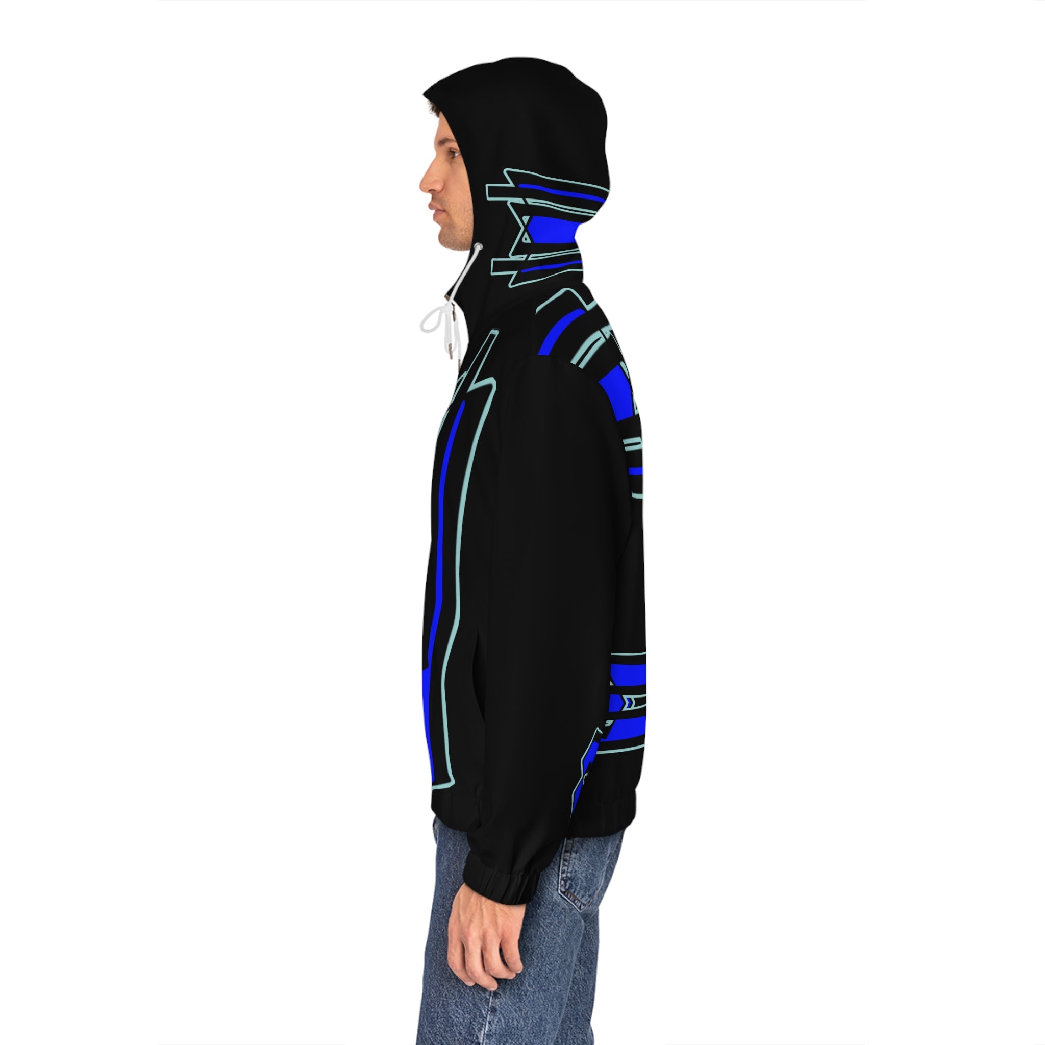 Geometric Neon Blue Zip Hoodie — Futuristic Streetwear Jacket