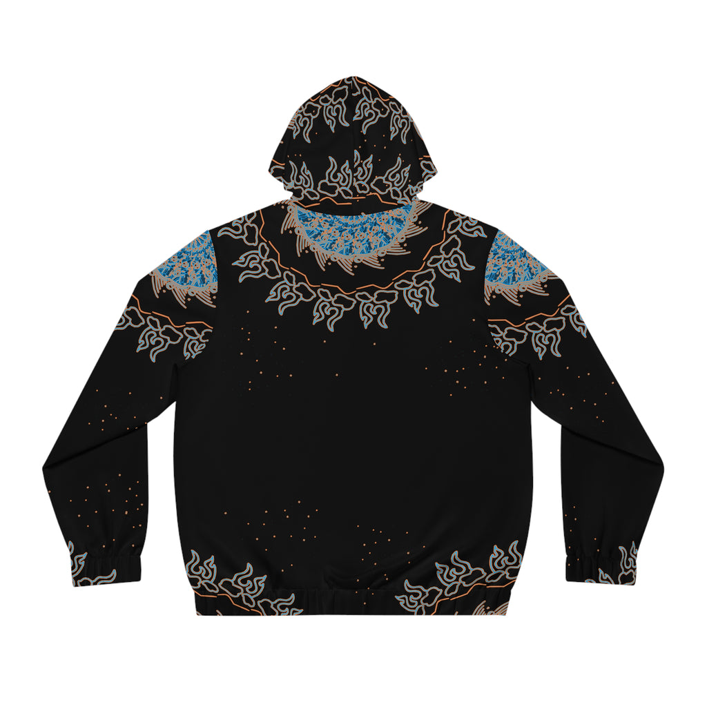 Men's Black Zip Hoodie with Blue Tribal Sun Mandala Print