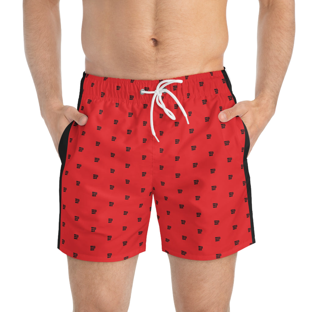 Men's Red Patterned Swim Trunks with Black Side Stripes — All-Over Print