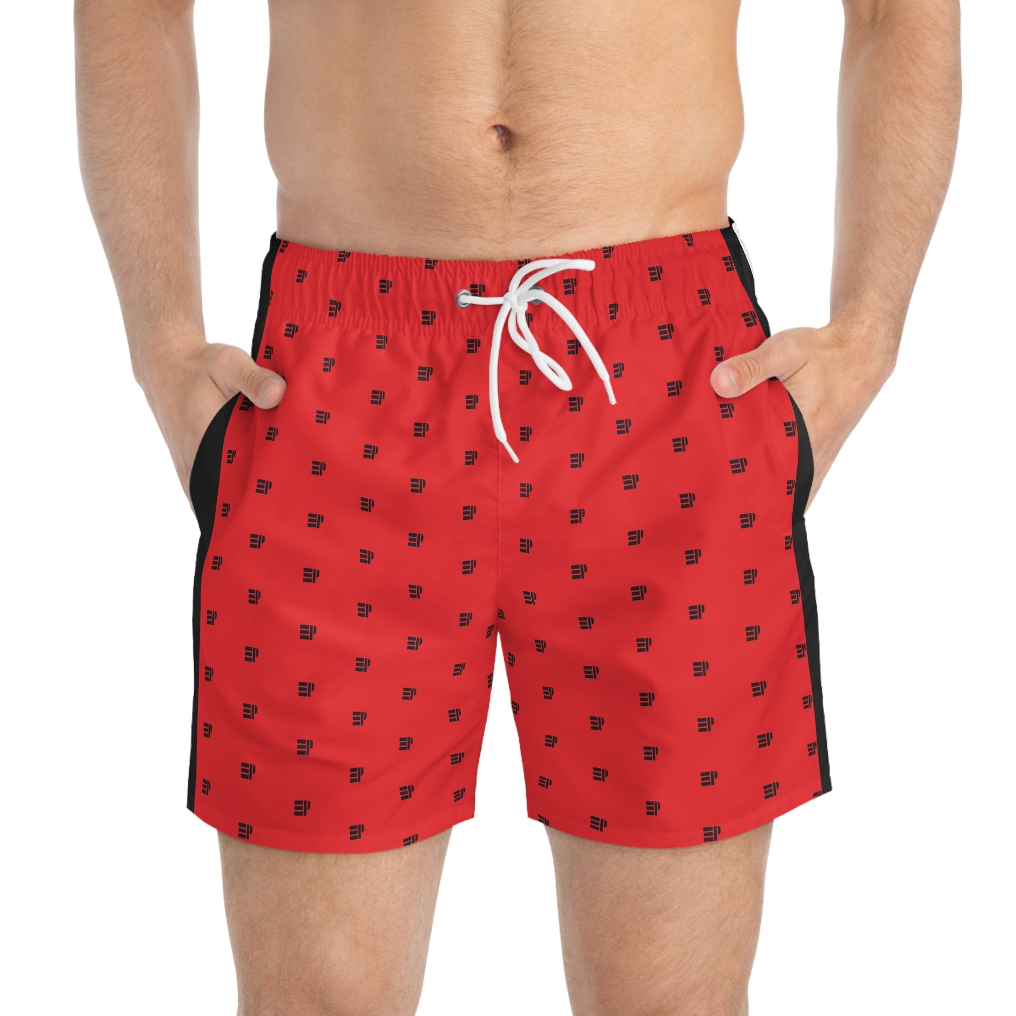 Men's Red Patterned Swim Trunks with Black Side Stripes — All-Over Print