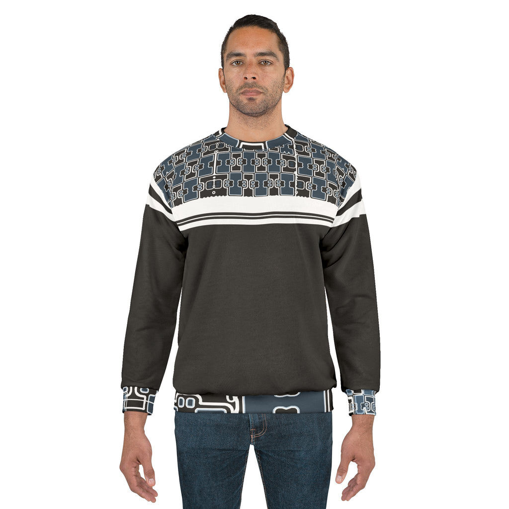 Retro Geo Panel Sweatshirt — Black & Slate All-Over Print