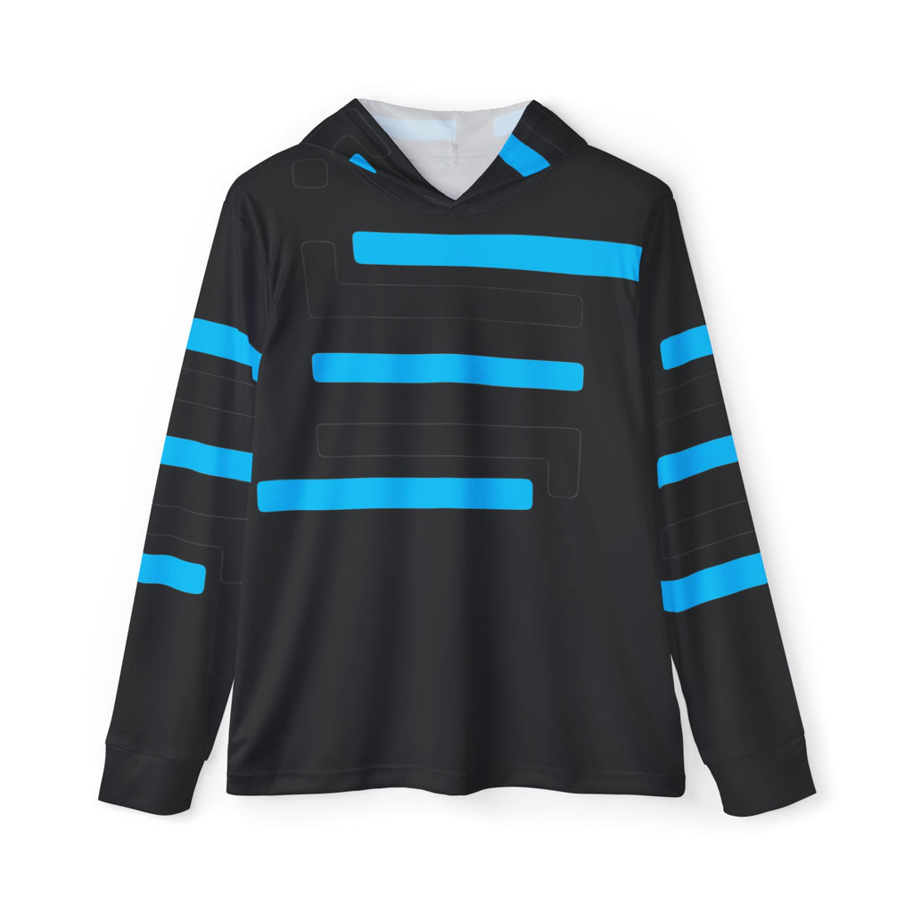 Men’s Black Athletic Hoodie with Electric Blue Stripe Design