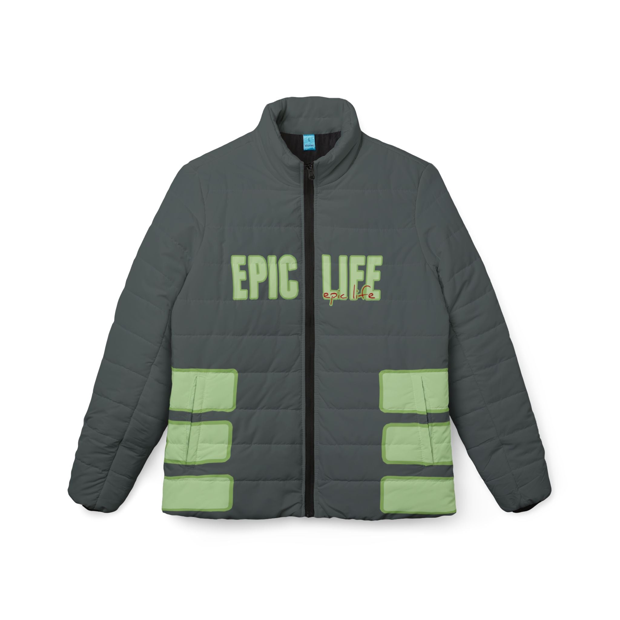 Epic Life Women’s Puffer Jacket — Reflective Green Accent AOP