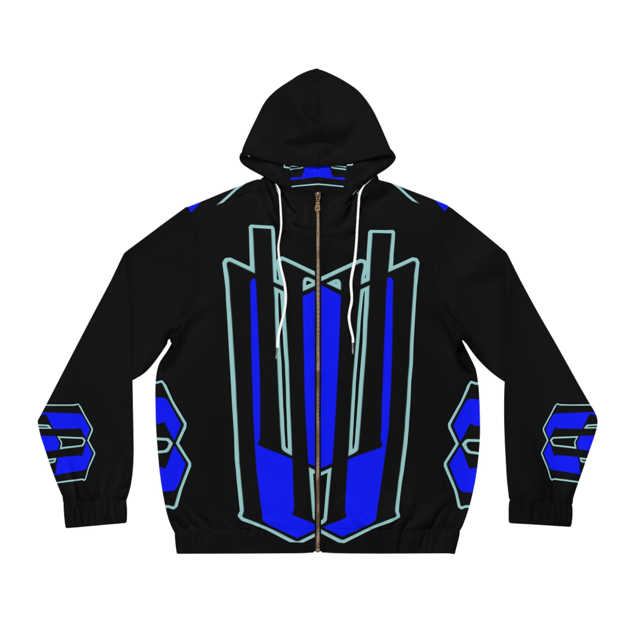 Geometric Neon Blue Zip Hoodie — Futuristic Streetwear Jacket