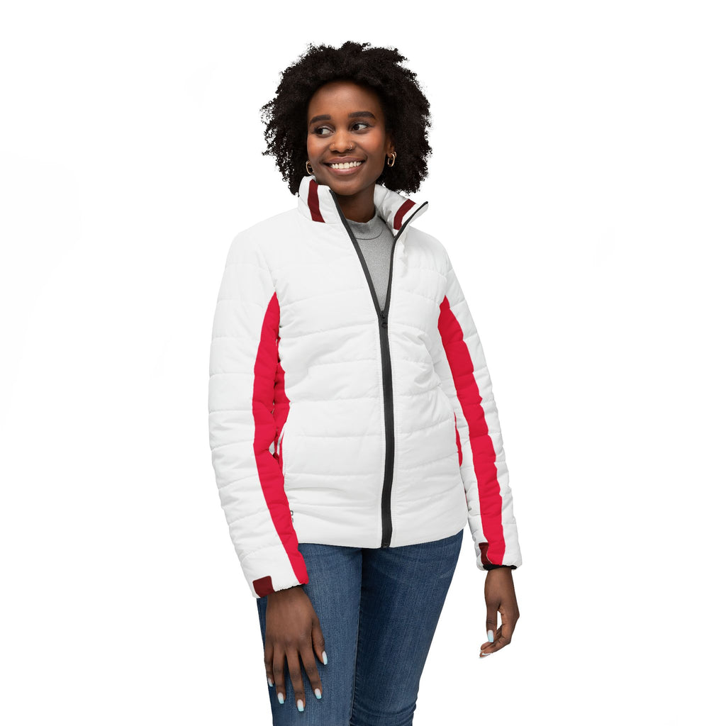 White & Red Women’s Puffer Jacket — Lightweight Quilted Winter Coat