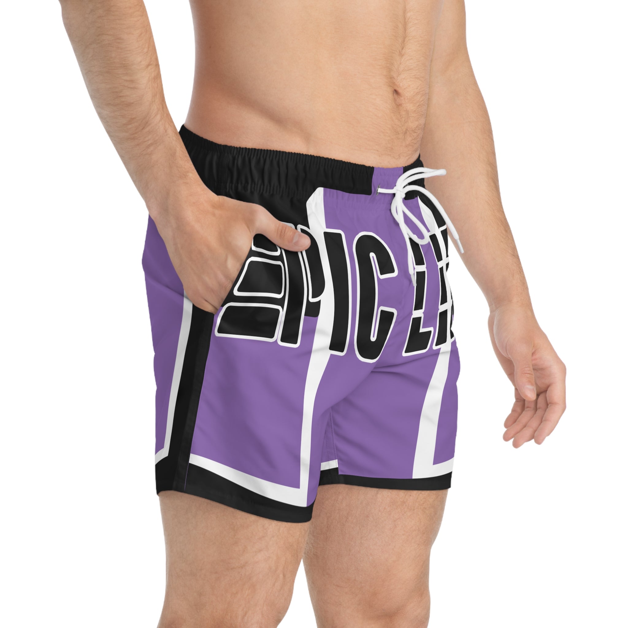 Epic Life Purple Swim Trunks – Retro Stripe Beach Shorts