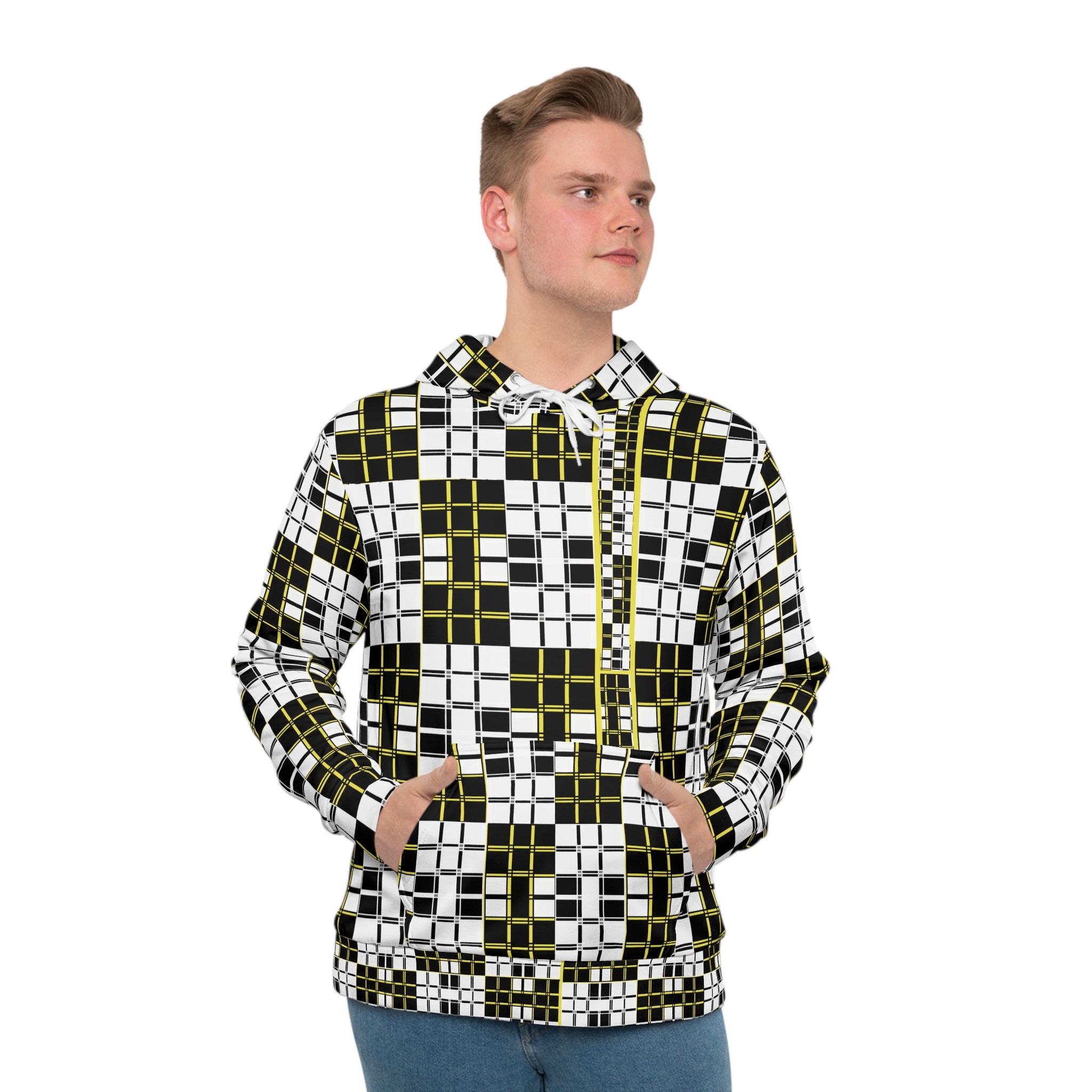 Checkerboard Grid Hoodie — Black, White & Olive Geometric All-Over Print