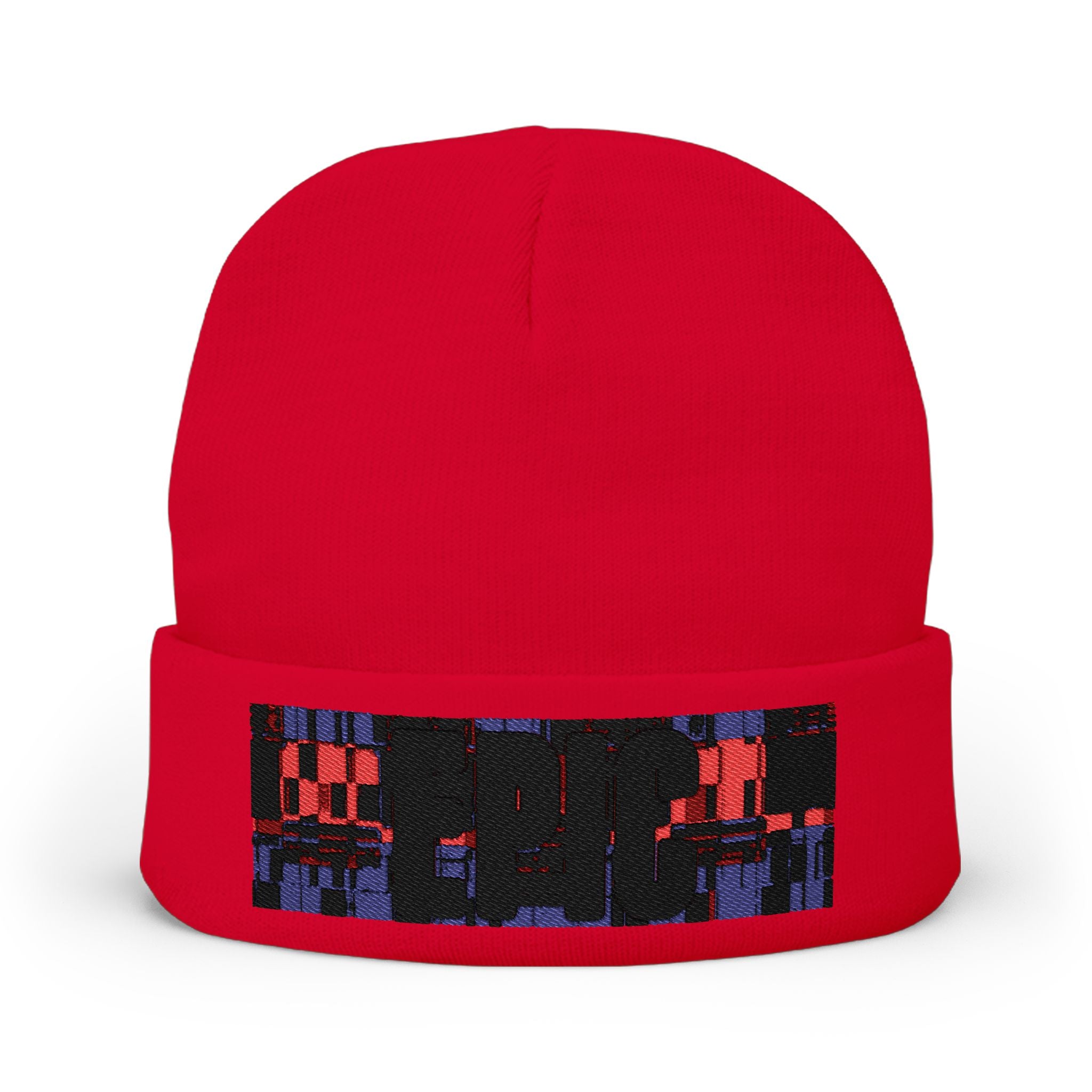 Embroidered Pixel City Knit Beanie — Urban Nightscape Winter Hat