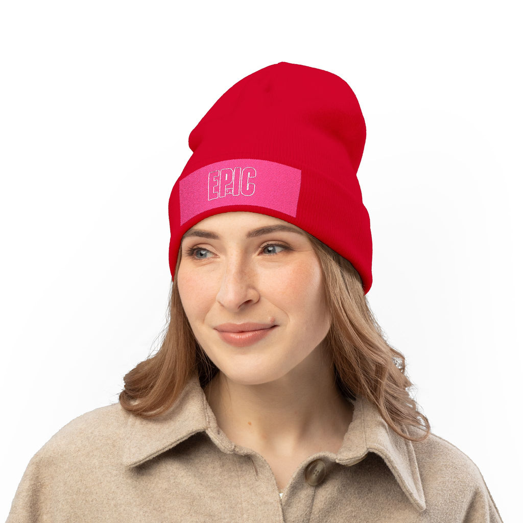 Embroidered 'EPIC' Knit Beanie - Pink Patch Winter Hat