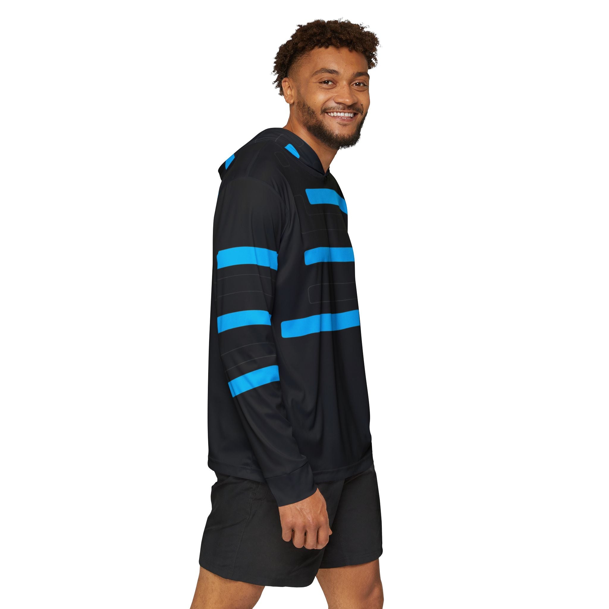 Men’s Black Athletic Hoodie with Electric Blue Stripe Design