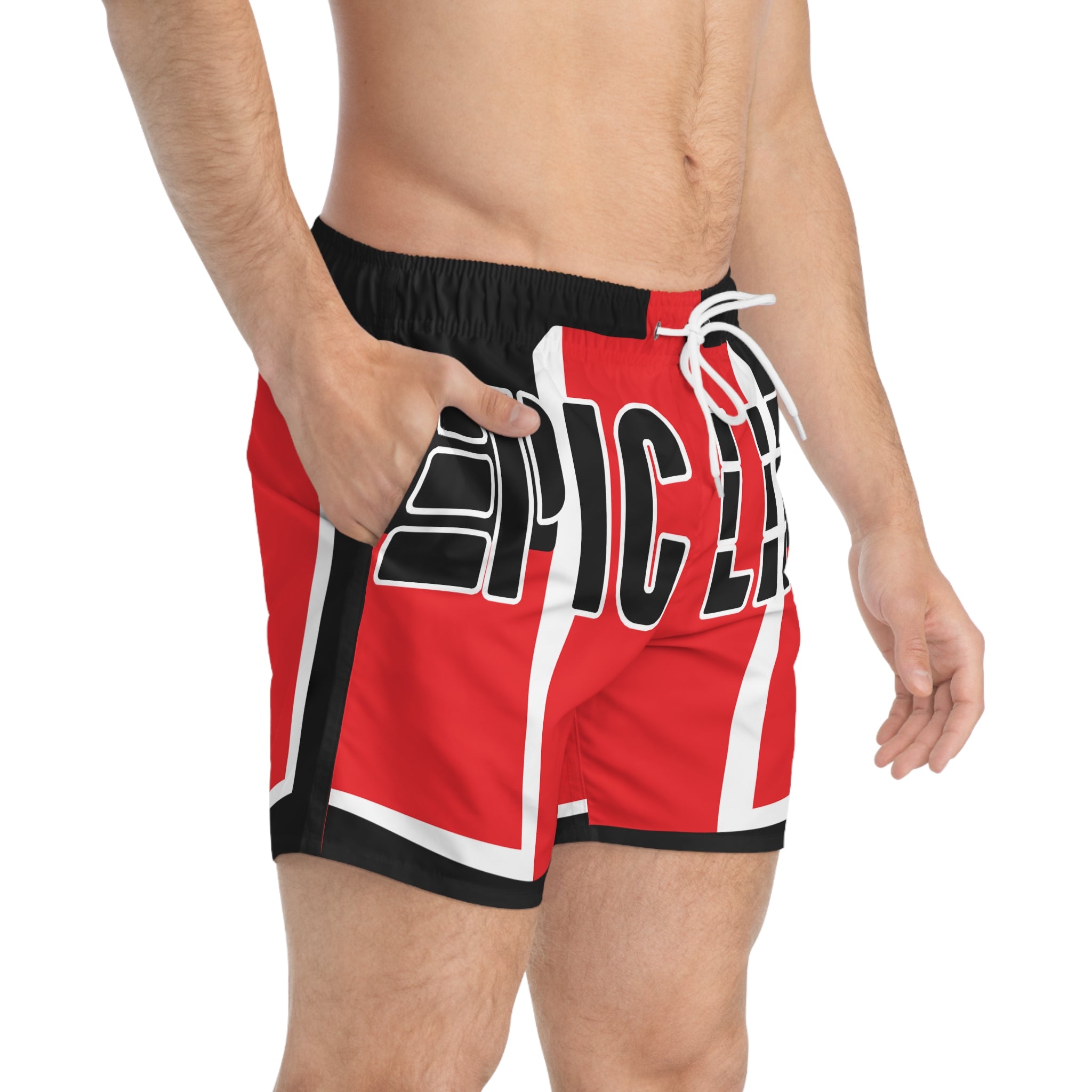 Epic Life Red Swim Trunks – Bold AOP Beach Shorts