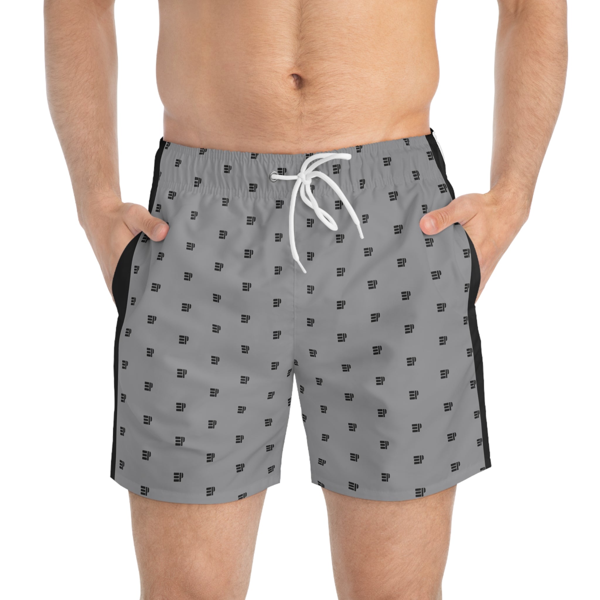 Gray Micro Logo Swim Trunks — Men's Patterned Beach Shorts