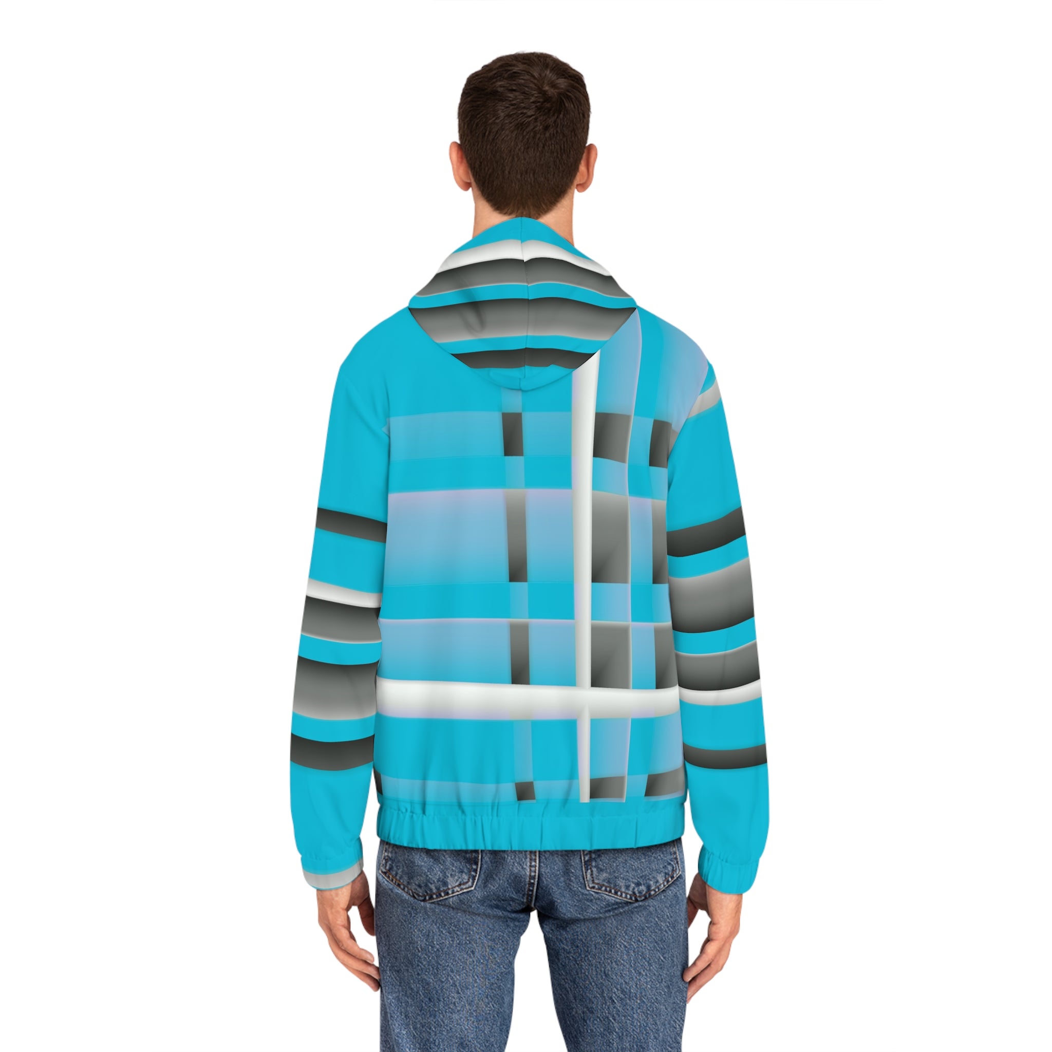 Turquoise Geometric Plaid Full-Zip Hoodie