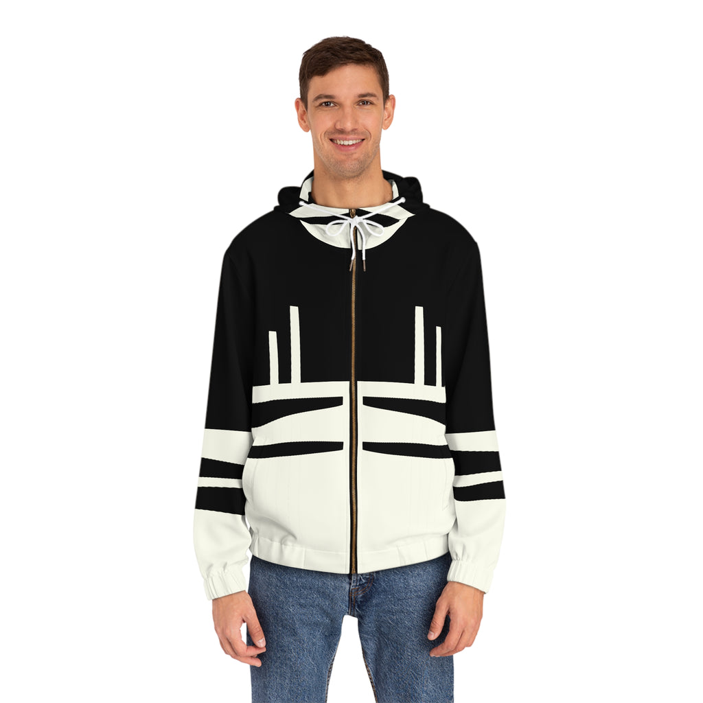 Minimalist Black & Ivory Zip Hoodie — Geometric Stripe Full-Zip Hoodie