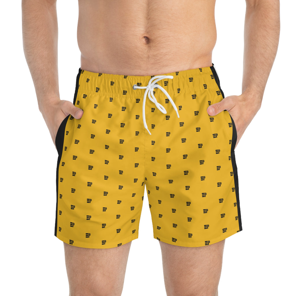 Yellow Retro Pattern Swim Trunks — Minimal Black Icon All-Over Print