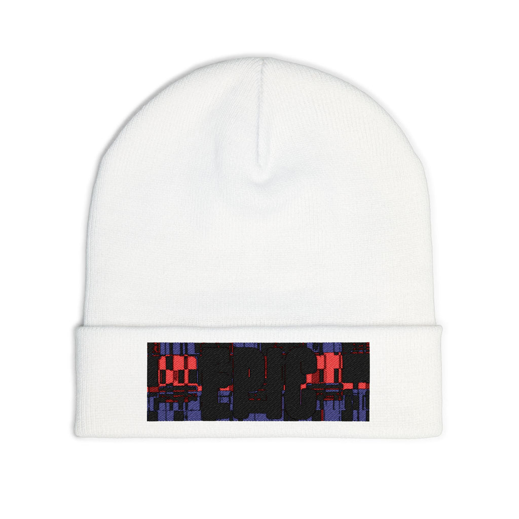 Embroidered Pixel City Knit Beanie — Urban Nightscape Winter Hat