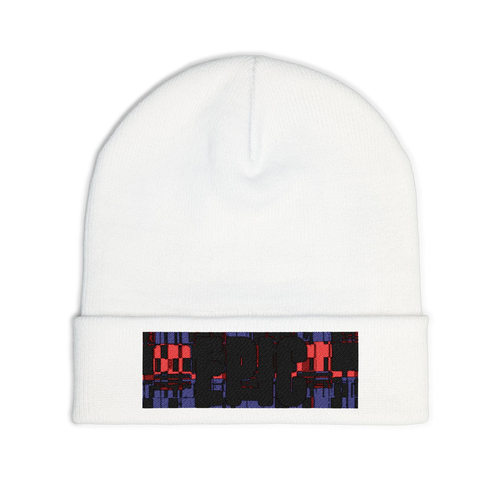 Embroidered Pixel City Knit Beanie — Urban Nightscape Winter Hat