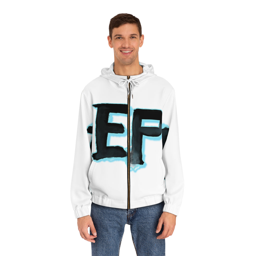 White Full-Zip Hoodie with Bold ‘EP’ Graphic — Streetwear Zip-Up Jacket
