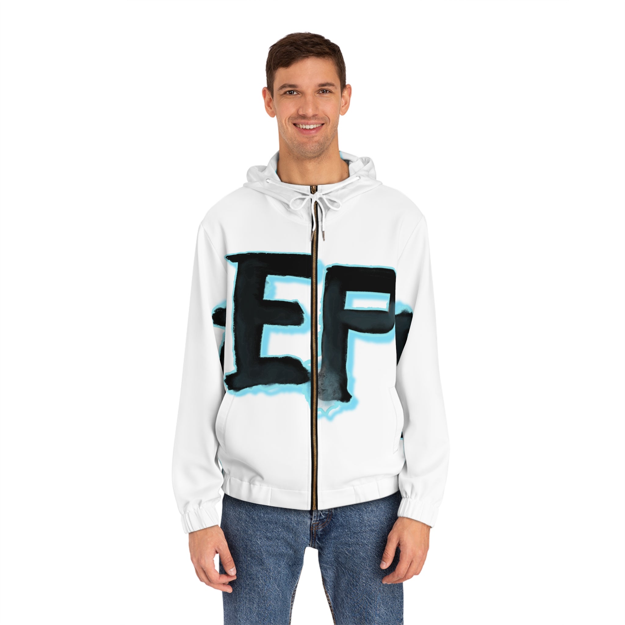 White Full-Zip Hoodie with Bold ‘EP’ Graphic — Streetwear Zip-Up Jacket