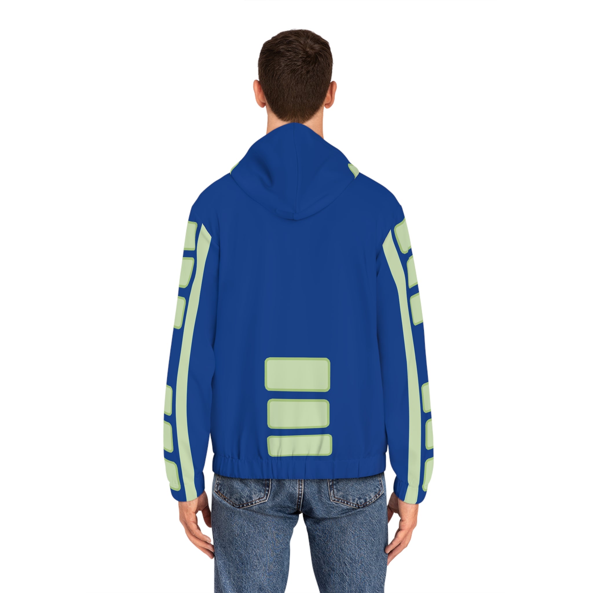 Blue Geometric Panel Full-Zip Hoodie
