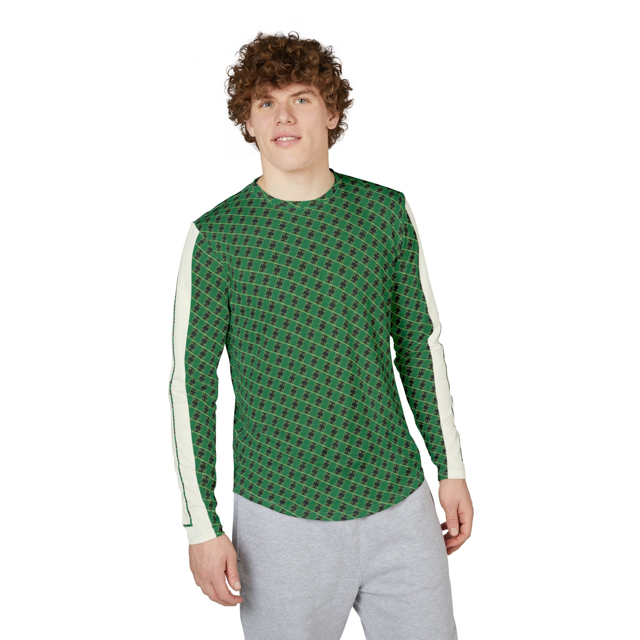 Men's Green Geometric UV Long Sleeve Shirt — Sun Protection Performance Top