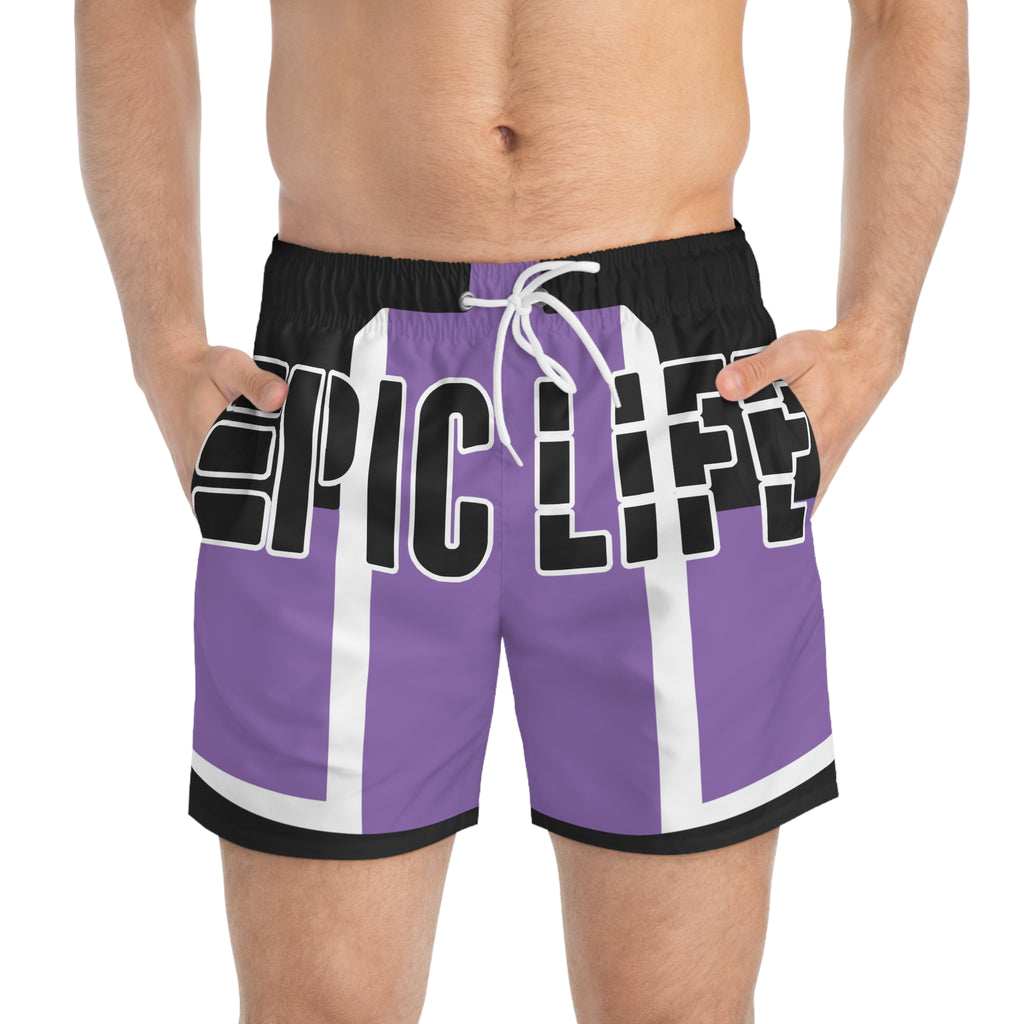 Epic Life Purple Swim Trunks – Retro Stripe Beach Shorts