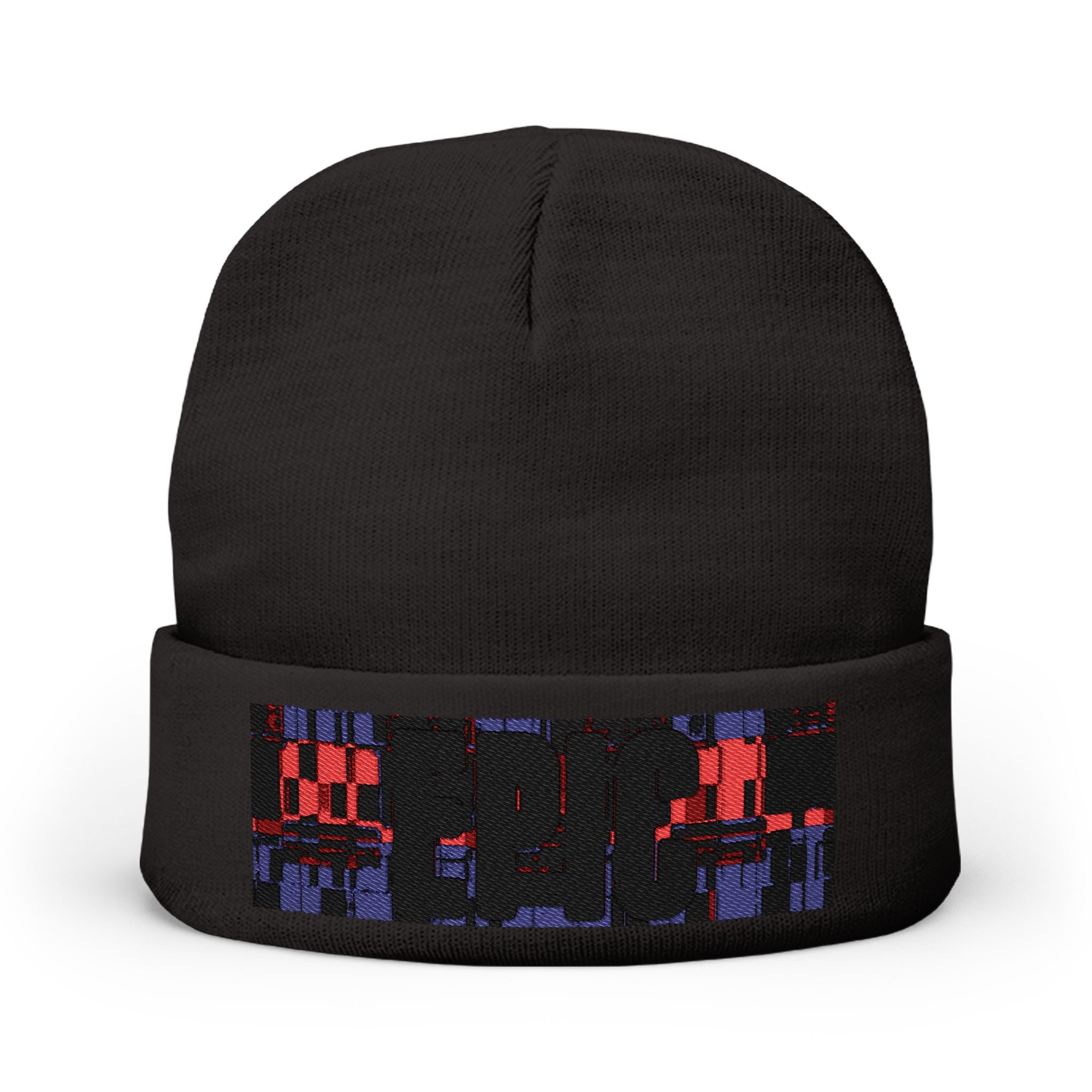 Embroidered Pixel City Knit Beanie — Urban Nightscape Winter Hat