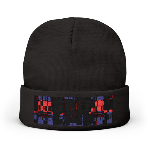 Embroidered Pixel City Knit Beanie — Urban Nightscape Winter Hat