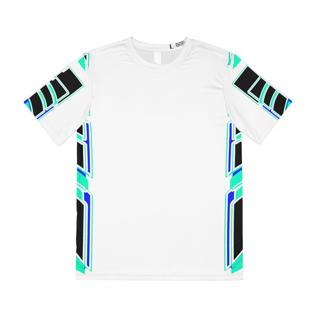Futuristic Geometric Men's Polyester Tee — Aqua Black Tech Print